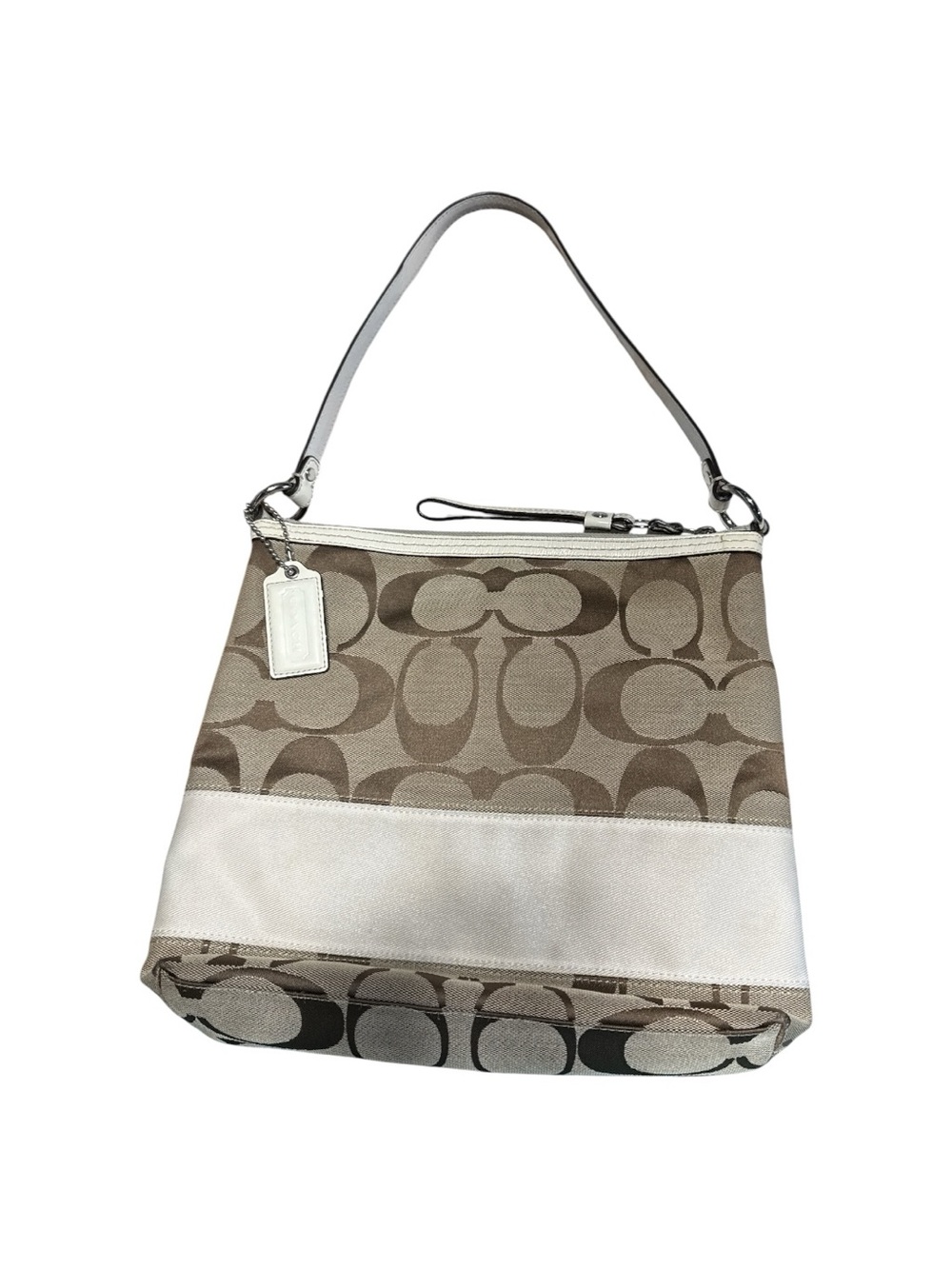 Coach Signature Stripe Ivory Canvas Leather Handbag (Style F13674)
12x10x2